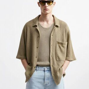 Zara Men's Textured Crochet Relaxed Fit Shirt Size XL NEW
